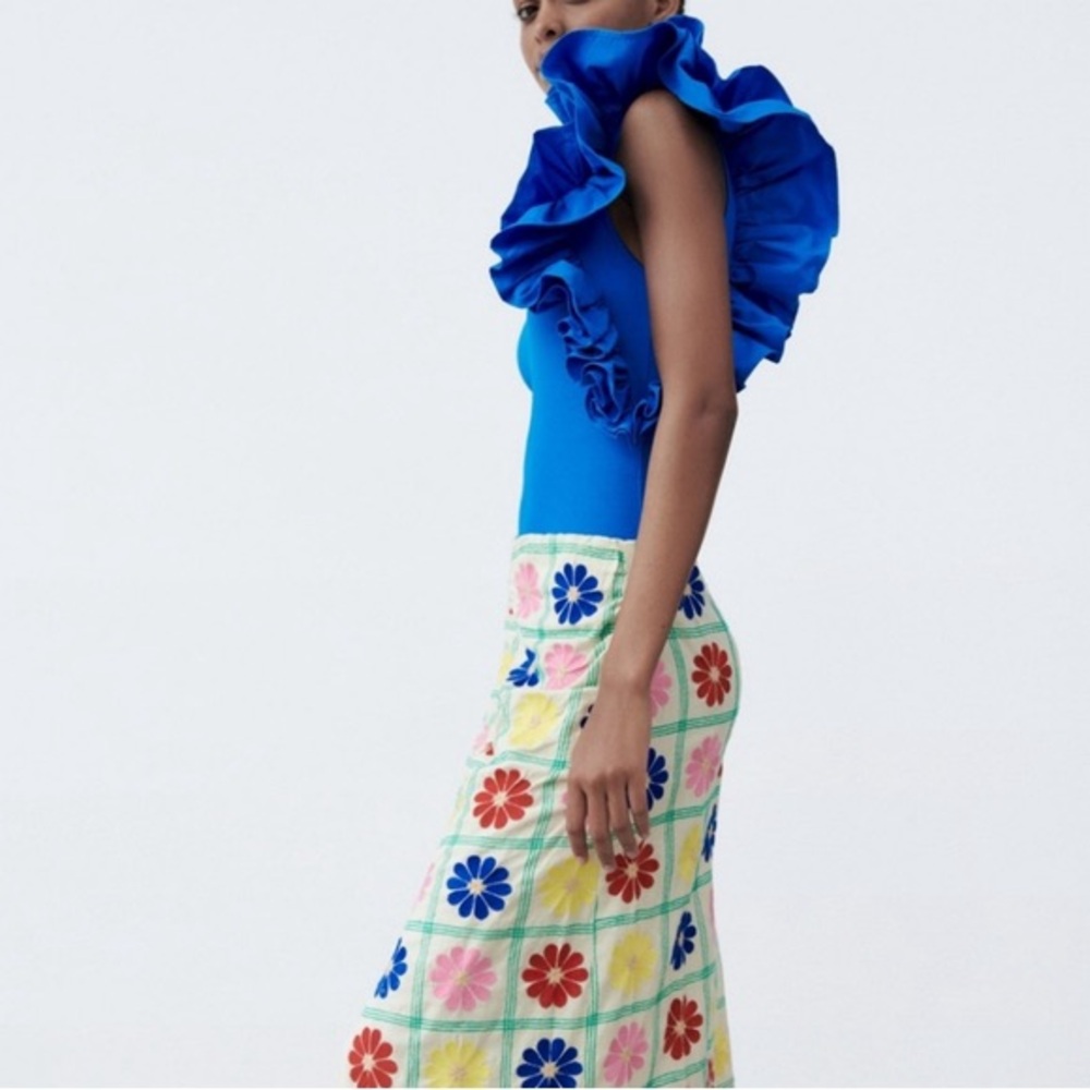 Zara‎ blue statement ruffle shoulder bodysuit tomato girl summer